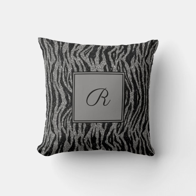 Monogram Zebradruk Zwart Grijs Zilver Trend Kussen (Voorkant)