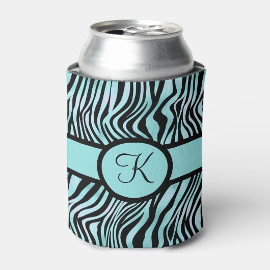 Monogram Zebraprint Zwart en Turkoois Blikjeskoeler (Blikje Voorkant)