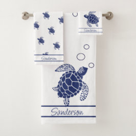 Monogram Zee Schildpad Navy Blauw Wit en Nautisch Bad Handdoek