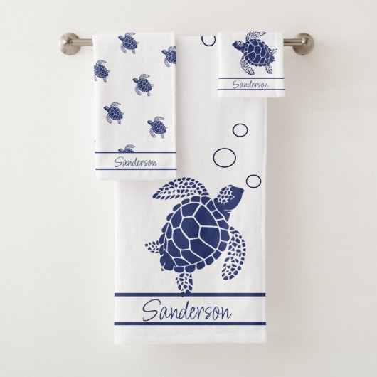 Monogram Zee Schildpad Navy Blauw Wit en Nautisch Bad Handdoek (Insitu)