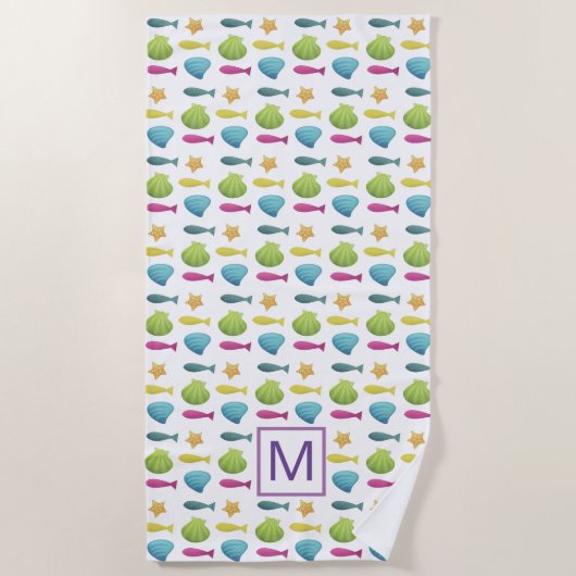 Monogram zeebaars vis en schelpdieren strandlaken (Voorkant)