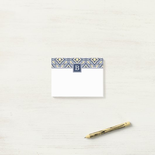 Monogram zeemacht en geel mediterraan Patroon Post-it® Notes (Op bureau)