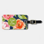 Monogram zeemacht en geverfde Waterverf bloemen Bagagelabel (Voorkant horizontaal)
