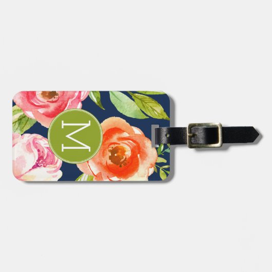 Monogram zeemacht en geverfde Waterverf bloemen Bagagelabel (Voorkant horizontaal)