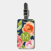 Monogram zeemacht en geverfde Waterverf bloemen Bagagelabel (Voorkant verticaal)