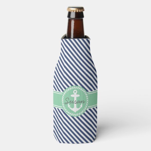 Monogram zeemacht en mint Stripes Flesjeskoeler (Fles Voorkant)