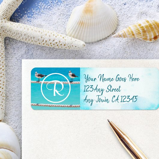 Monogram zeemeeuw vogels foto modern script adres etiket