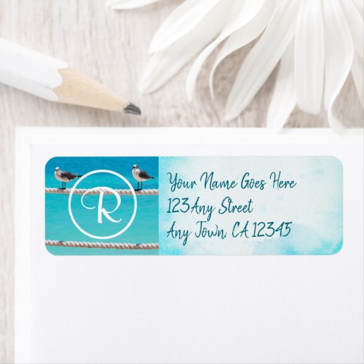 Monogram zeemeeuw vogels foto modern script adres etiket (Insitu)