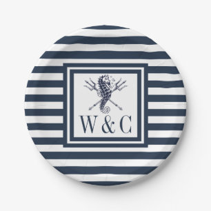 Monogram Zeepaardje Nautilus Marineblauwe Streep Papieren Bordje