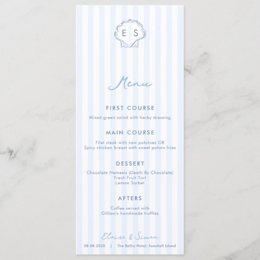 Monogram Zeeschelp Blauw En Wit Kust Bruiloft Menu (Voorkant)