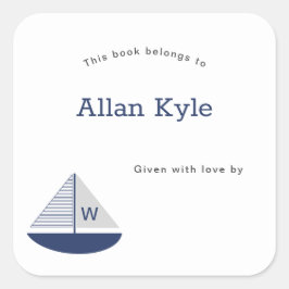 Monogram Zeilboot Jongen Baby shower Bookplate Vierkante Sticker