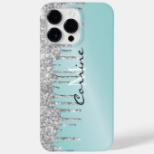 Monogram Zilver Aqua Blauw Glitter Drip Android + Case-Mate iPhone Case (Achterkant)