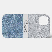 Monogram Zilver Blauwe Glitters Trendy Chic Stijlv Case-Mate iPhone Case (Achterkant (horizontaal))