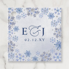 Monogram Zilver Blauwe Sneeuwvlokken Winter Bruilo Bedankjes Labels