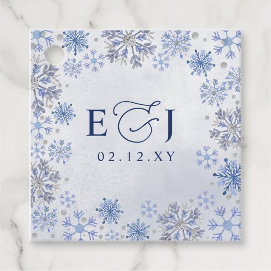 Monogram Zilver Blauwe Sneeuwvlokken Winter Bruilo Bedankjes Labels (Voorkant)