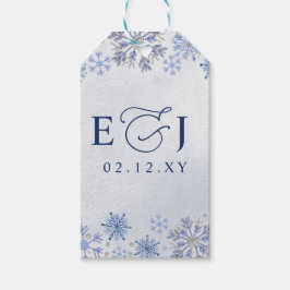 Monogram Zilver Blauwe Sneeuwvlokken Winter Bruilo Cadeaulabel