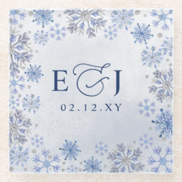 Monogram Zilver Blauwe Sneeuwvlokken Winter Bruilo Glazen Onderzetter