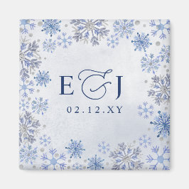 Monogram Zilver Blauwe Sneeuwvlokken Winter Bruilo Magneet
