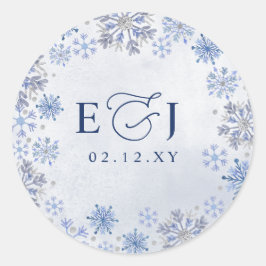 Monogram Zilver Blauwe Sneeuwvlokken Winter Bruilo Ronde Sticker