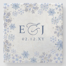 Monogram Zilver Blauwe Sneeuwvlokken Winter Bruilo