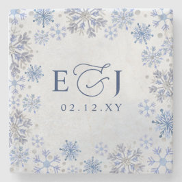 Monogram Zilver Blauwe Sneeuwvlokken Winter Bruilo Stenen Onderzetter