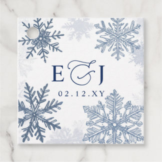 Monogram Zilver Blauwe Sneeuwvlokken Winter Huweli Bedankjes Labels