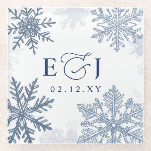 Monogram Zilver Blauwe Sneeuwvlokken Winter Huweli Glazen Onderzetter
