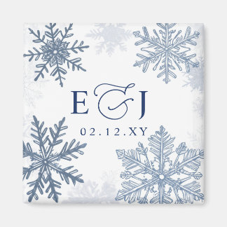 Monogram Zilver Blauwe Sneeuwvlokken Winter Huweli Magneet