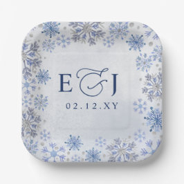 Monogram Zilver Blauwe Sneeuwvlokken Winter Huweli Papieren Bordje
