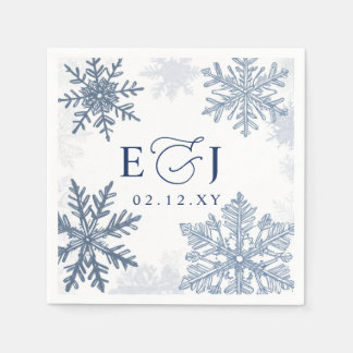 Monogram Zilver Blauwe Sneeuwvlokken Winter Huweli Servet