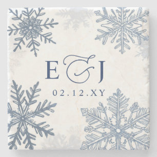Monogram Zilver Blauwe Sneeuwvlokken Winter Huweli Stenen Onderzetter