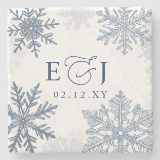 Monogram Zilver Blauwe Sneeuwvlokken Winter Huweli Stenen Onderzetter