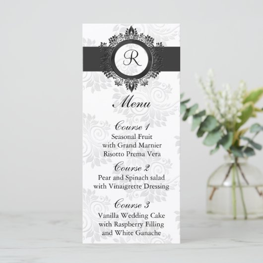 Monogram Zilver Bruiloft Menu (Staand voorkant)