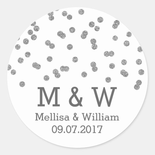 Monogram Zilver Confetti bruiloft gunst Labels (Voorkant)