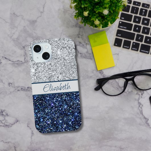 Monogram Zilver Donkerblauwe Glitters Trendy Chic iPhone 15 Case