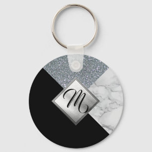 Monogram - Zilver Glitter, Zwart en Marmer Sleutelhanger