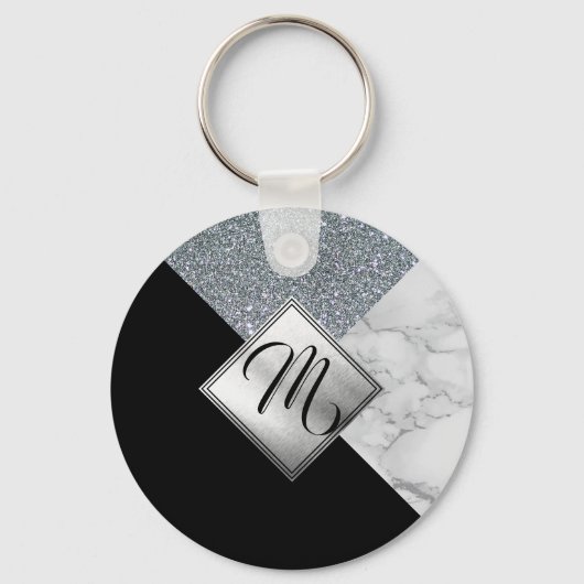 Monogram - Zilver Glitter, Zwart en Marmer Sleutelhanger (Voorkant)