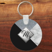 Monogram - Zilver Glitter, Zwart en Marmer Sleutelhanger (Voorkant)
