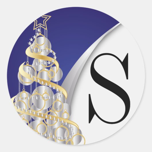 Monogram Zilver, Goud en Blauw Vrolijk Kerstfeest Ronde Sticker (Voorkant)