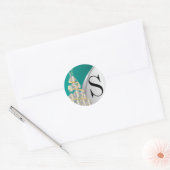 Monogram Zilver, Goud en Blauwgroen Vrolijk Kerstf Ronde Sticker (Envelop)
