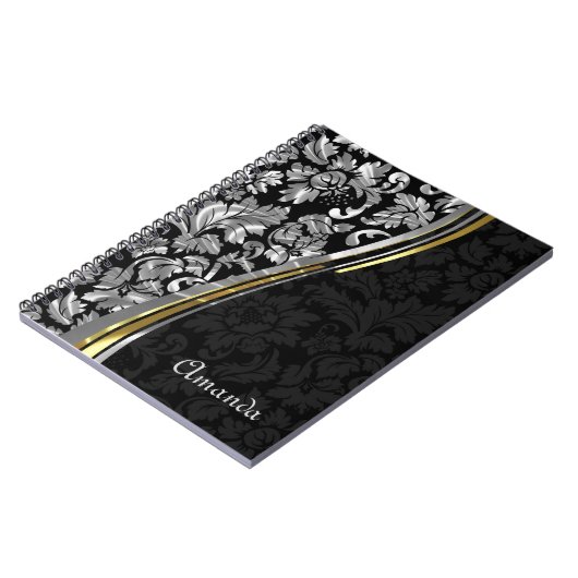 Monogram Zilver Grijs en Zwarte Damask Notitieboek (Linkerzijde)