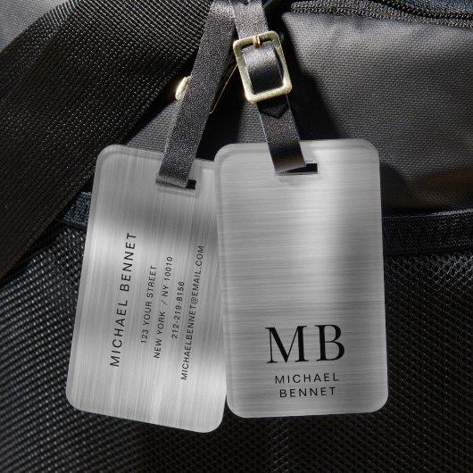 Monogram Zilver Grijs Geborsteld Nep Metallic Prin Bagagelabel