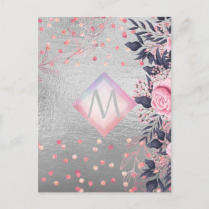 Monogram Zilver Navy Rosegoud Meisjesachtig Huweli Briefkaart
