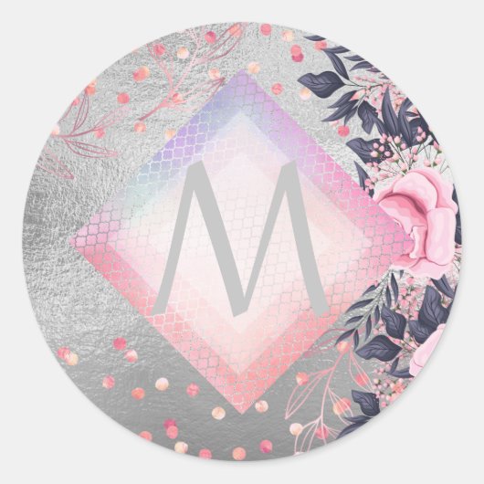 Monogram Zilver Navy Rosegoud Meisjesachtig Huweli Ronde Sticker (Voorkant)