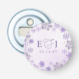 Monogram Zilver Paarse Sneeuwvlokken Winter Huweli Button Flesopener