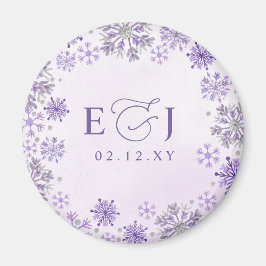 Monogram Zilver Paarse Sneeuwvlokken Winter Huweli Magneet