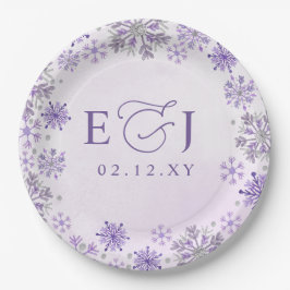 Monogram Zilver Paarse Sneeuwvlokken Winter Huweli Papieren Bordje