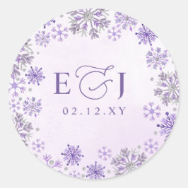Monogram Zilver Paarse Sneeuwvlokken Winter Huweli Ronde Sticker