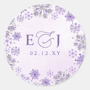 Monogram Zilver Paarse Sneeuwvlokken Winter Huweli Ronde Sticker