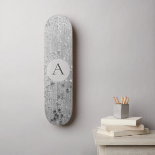 Monogram Zilver Stardust Glitter op Silver Burlap Persoonlijk Skateboard